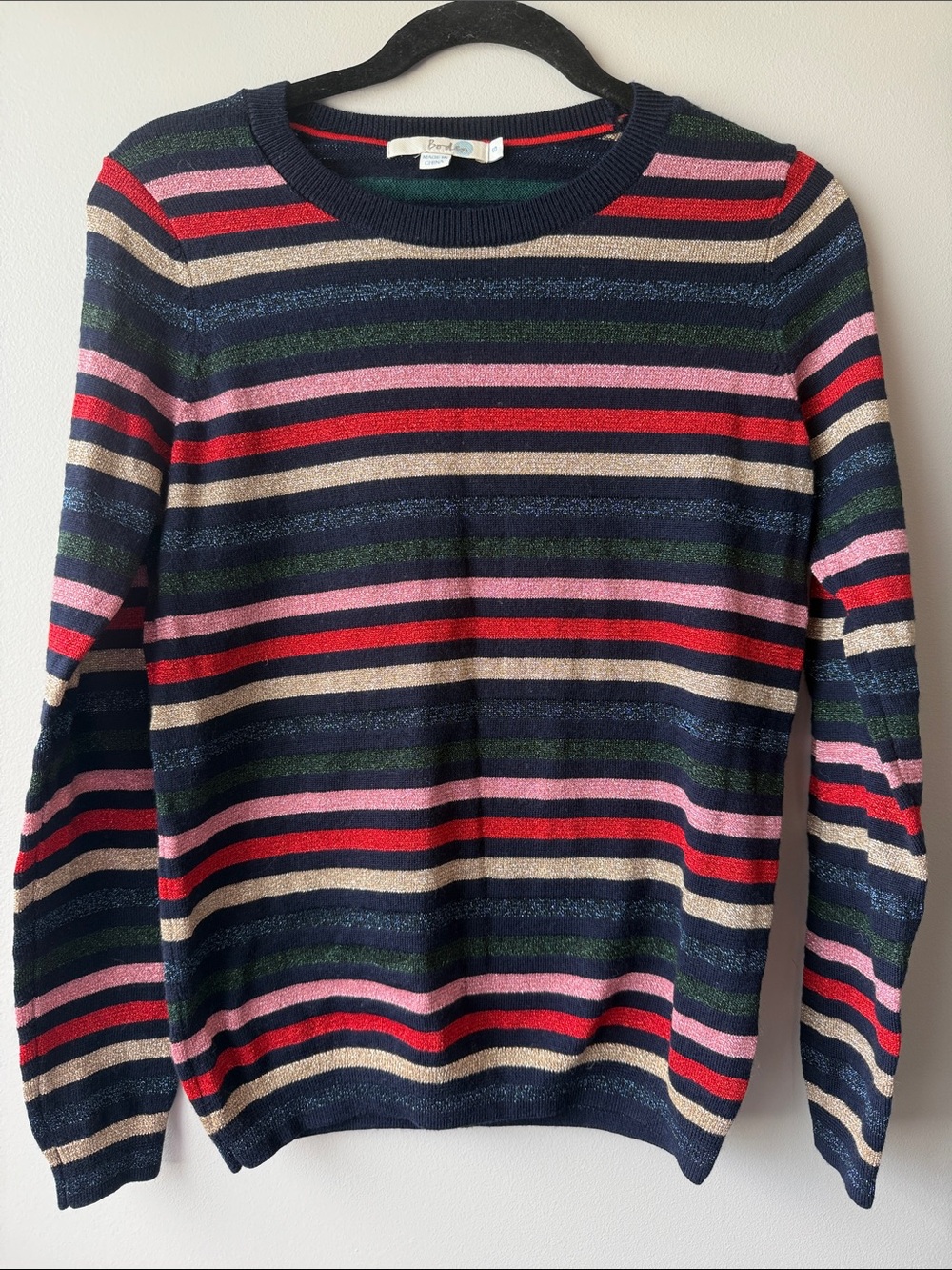 Boden Striped Crewneck Sweater in Navy, Red, Pink, Green & Gold metallic Thread
